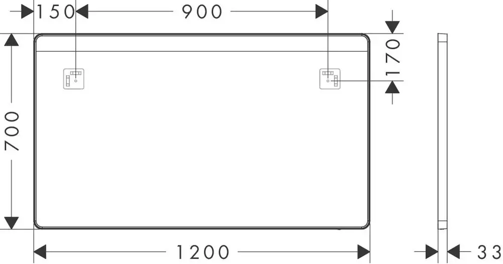 Schwarzer Wandspiegel mit horizontaler LED-Beleuchtung, rechteckige Form, an der Wand montiert. Design von Hansgrohe.